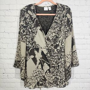 Y2K Romantic Faux Wrap Tunic Women Size 16 Patchwork Sheer Boho Wing Sleeve Top